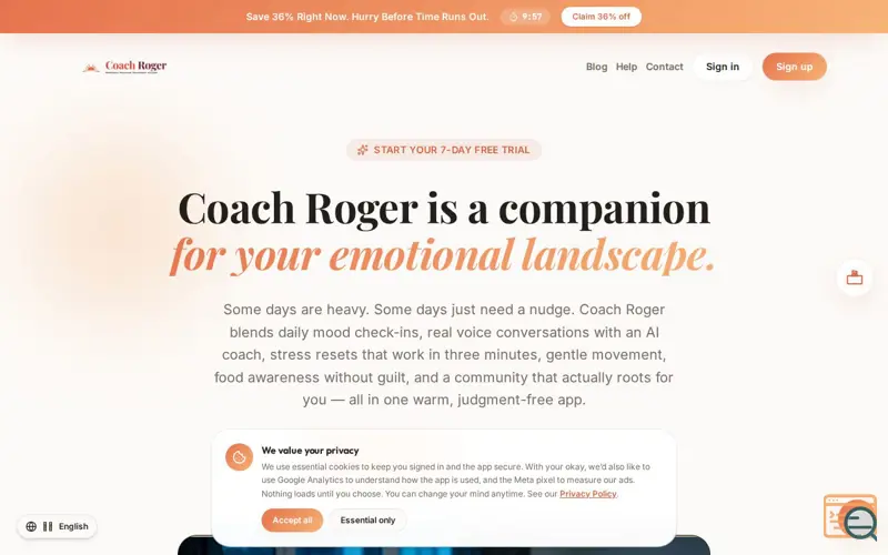 Screenshot of Coach Roger — AI Wellness & Mindfulness Coach
