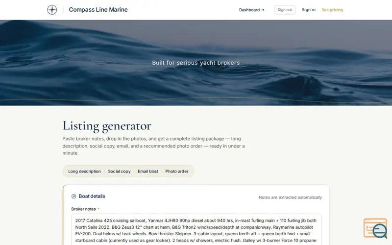 Screenshot of Compass Line Marine — Listing Generator