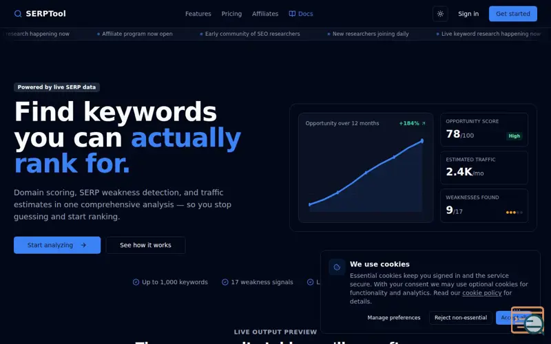Screenshot of SERPTool — Find keywords to rank for, a launch using Krystal Email