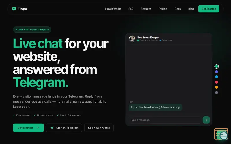 Screenshot of Eloqra | Free live chat widget that goes to your Telegram