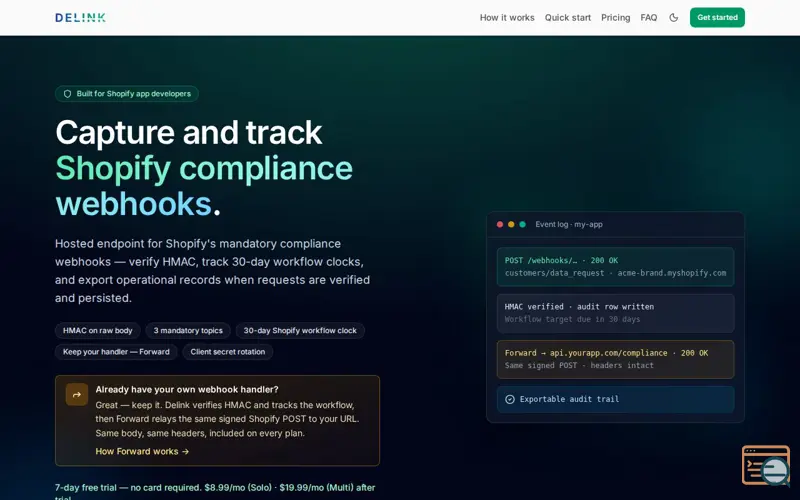 Screenshot of Shopify Compliance Webhooks — HMAC, Audit Trail & Event Records · Delink Compliance Webhooks