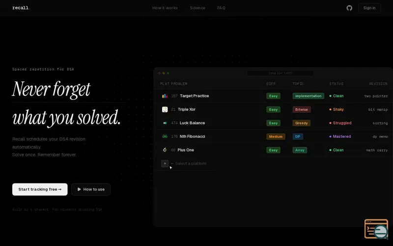 Screenshot of Recall — Never Forget What You Solved | Recall DSA