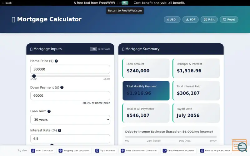 Screenshot of FreeWWW Mortgage Calculator