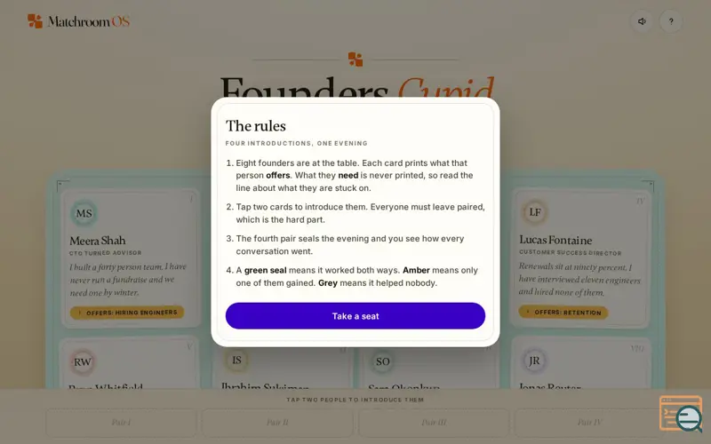 Screenshot of Founders Cupid —  a matchmaking game 