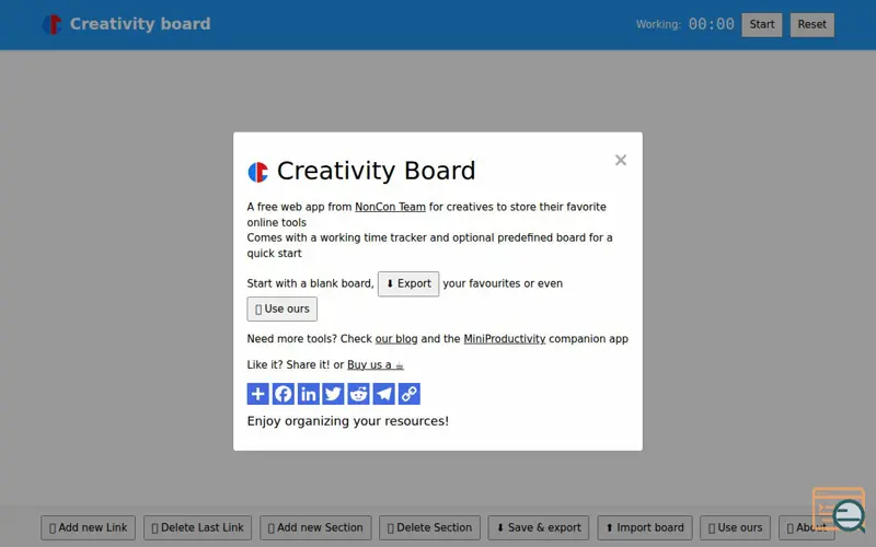 Screenshot of Creativity board