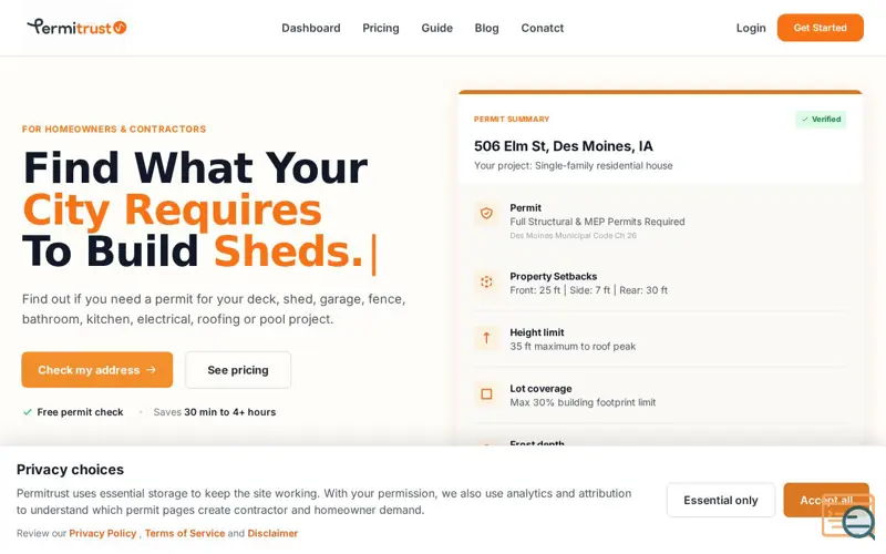 Screenshot of Check Shed, Deck & Garage Permit Requirements by Address | Permitrule