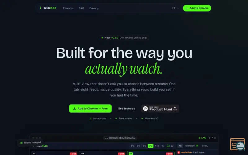Screenshot of Kickplex, a launch using Kick