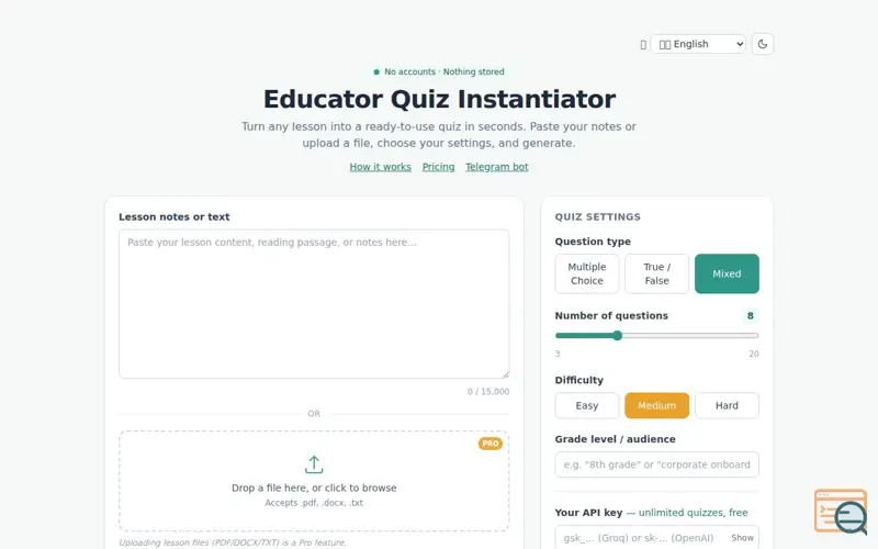 Screenshot of Educator Quiz Instantiator