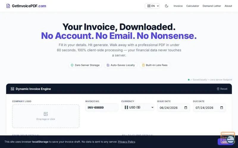 Screenshot of GetInvoicePDF.com
