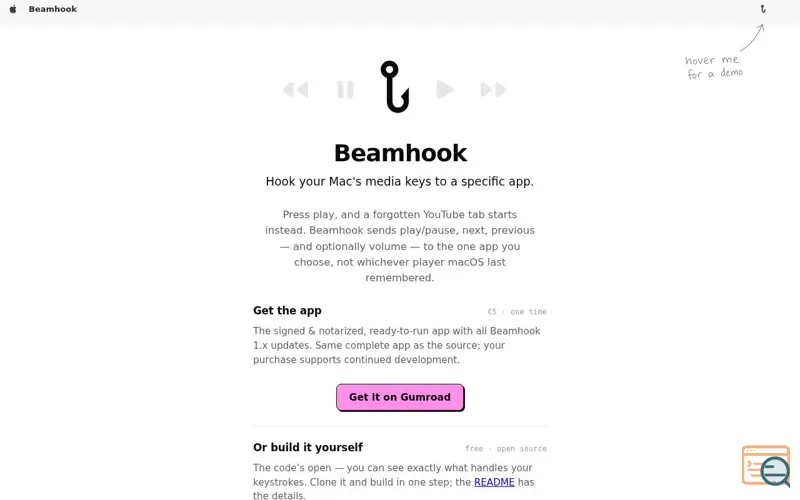 Screenshot of Beamhook — media keys, hooked to the app you meant