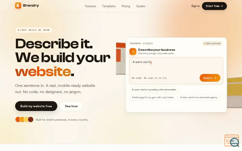Screenshot of Brandry | AI website builder, describe it and we build your website