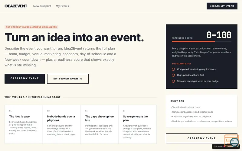 Screenshot of Idea2Event — Turn an idea into an event