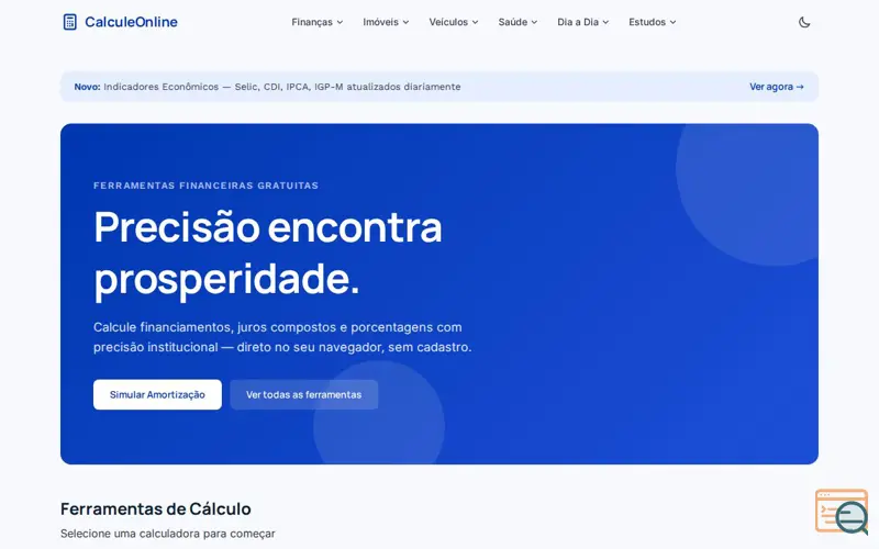 Screenshot of CalculeOnline, a launch using Banco Central do Brasil API