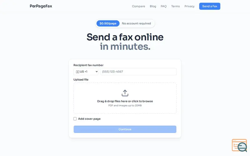Screenshot of PerPageFax — Send faxes online. $0.50/page. No account.