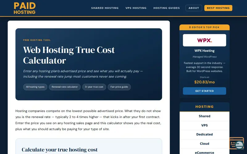 Screenshot of Web Hosting True Cost Calculator