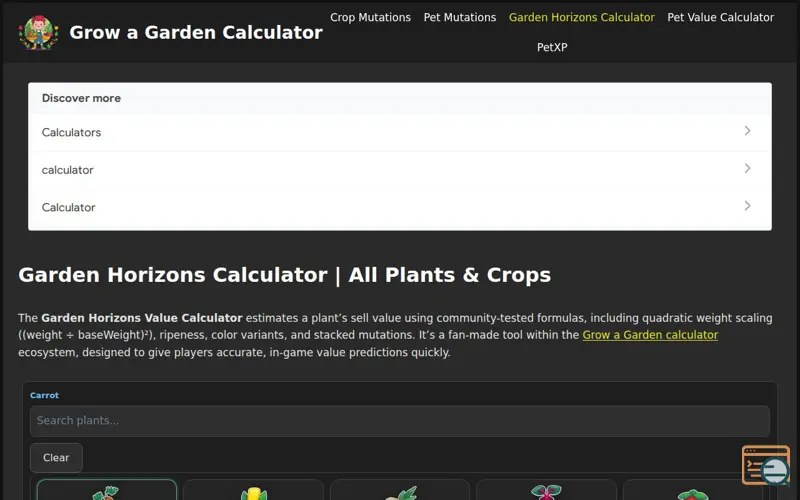 Screenshot of Garden Horizons Calculator