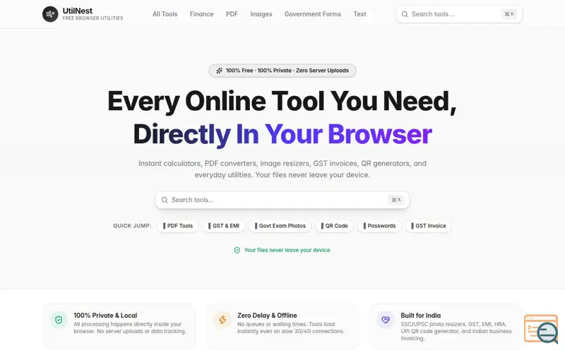 Screenshot of UtilNest - Free Online Tools India | PDF, Image, EMI Calculator & More
