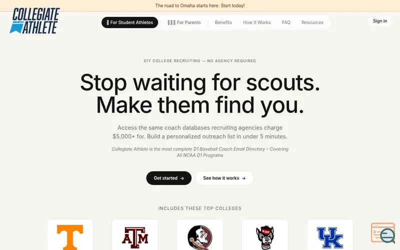 Screenshot of CollegiateAthlete.co