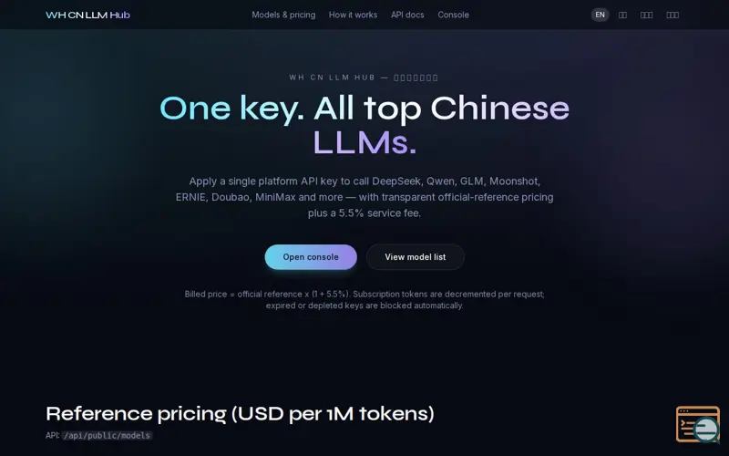 Screenshot of WH CN LLM Hub—China LLM Aggregation API, a launch using JulyDNS