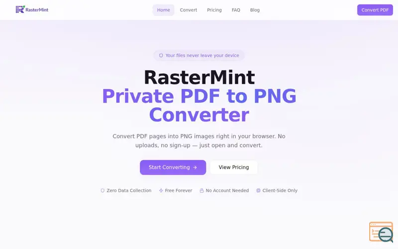 Screenshot of RasterMint — Private PDF to PNG