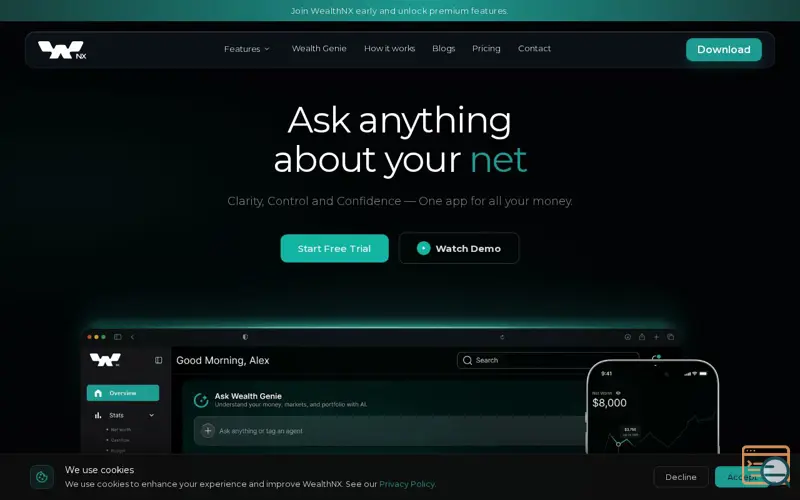 Screenshot of WealthNX AI - AI-Powered Wealth Tracker, a launch using Lenis