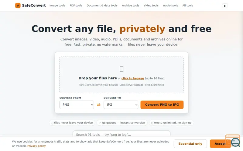 Screenshot of SafeConvert — Free online file converter. Private, in-browser file conversion