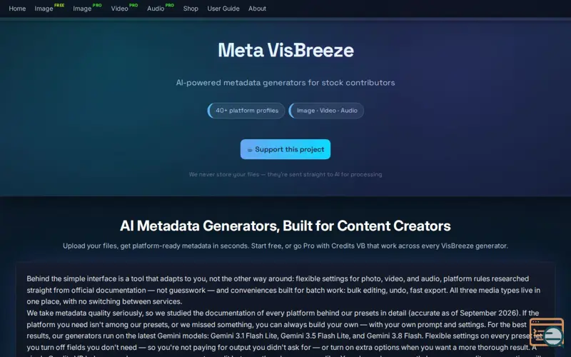 Screenshot of VisBreeze — AI Metadata Generator, a launch using UpgradeHost