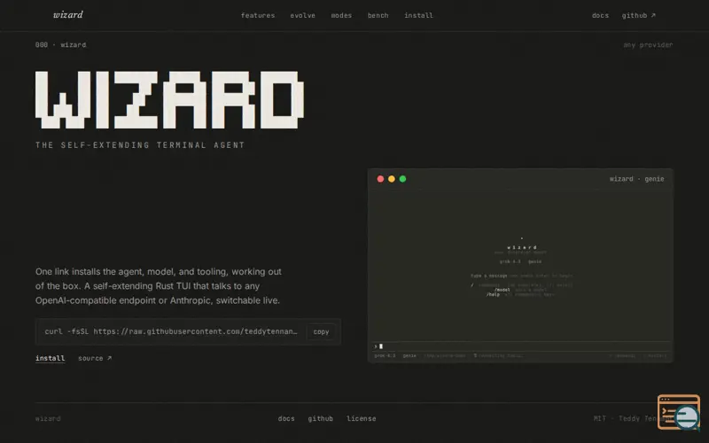 Screenshot of Wizard: self-extending coding agent