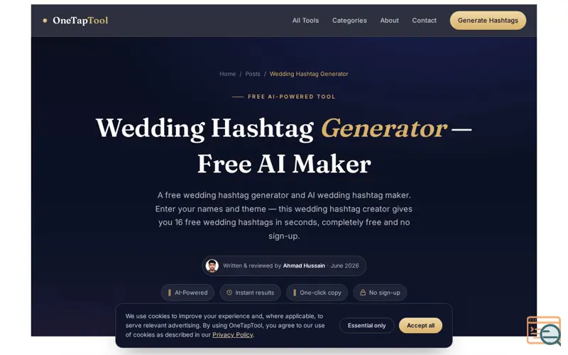 Screenshot of OneTapTool Wedding Hashtag Generator
