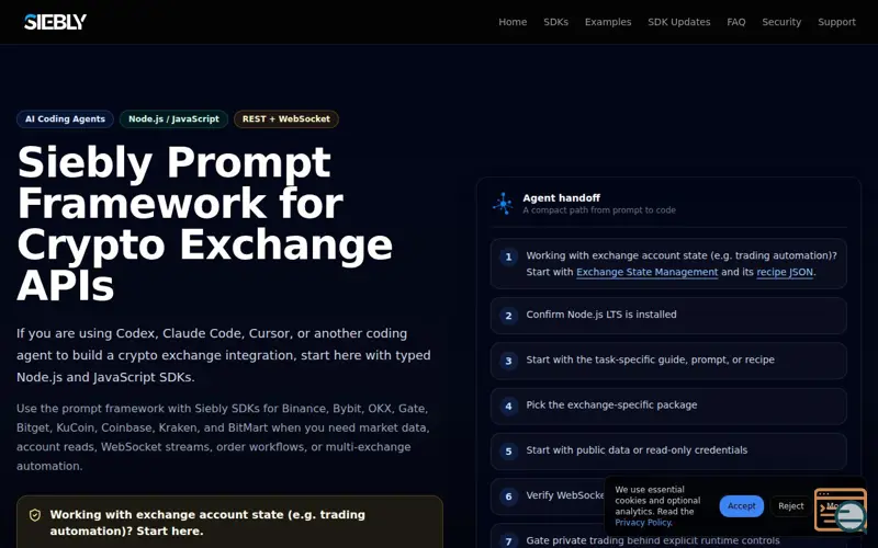 Screenshot of Siebly.io, Crypto APIs made easy for AI 