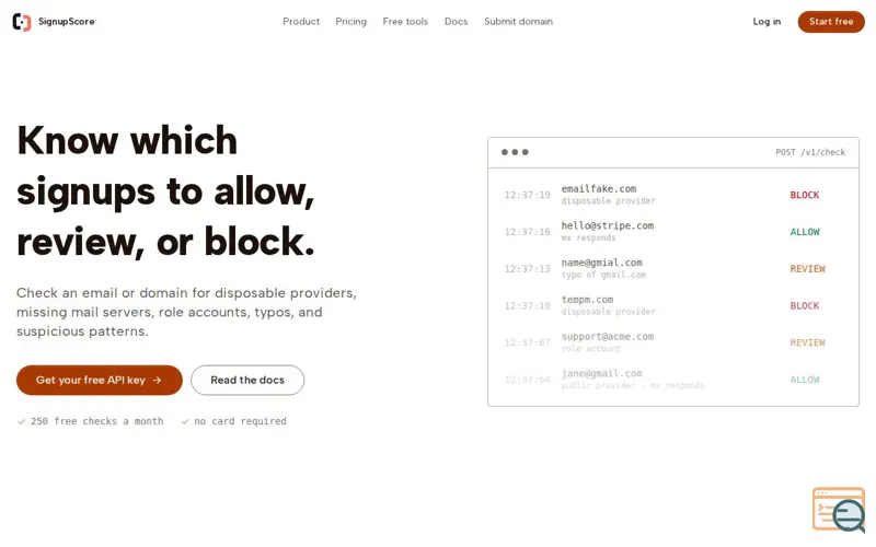 Screenshot of Signup protection API for email and domain risk | SignupScore