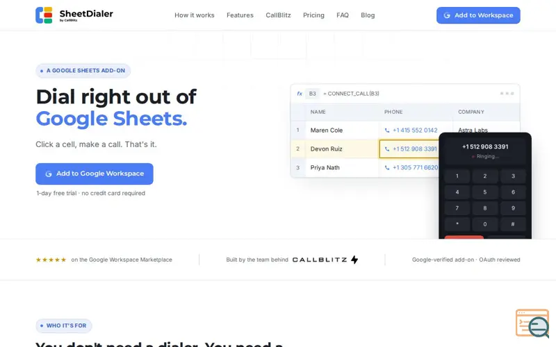 Screenshot of Dial right out of Google Sheets — SheetDialer