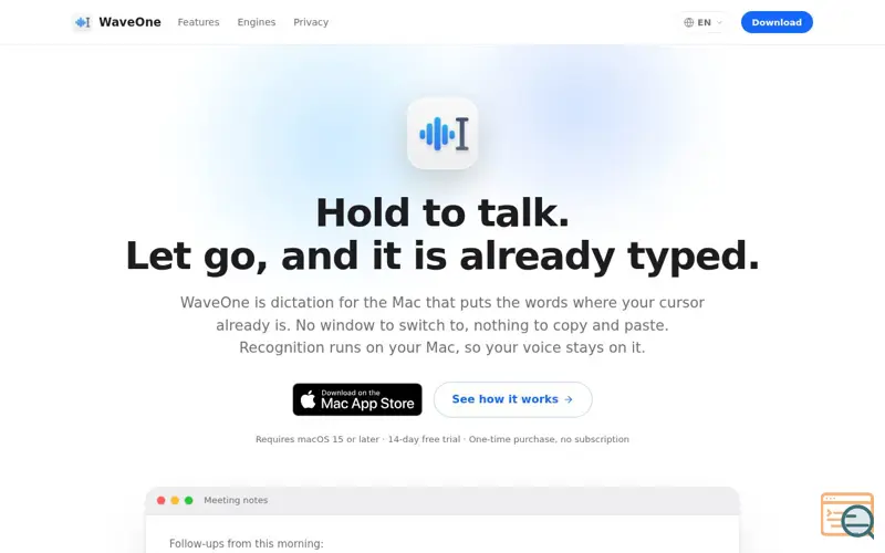 Screenshot of WaveOne: Voice dictation for Mac that types where your cursor is