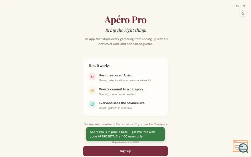 Screenshot of Apéro Pro — Bring the right thing