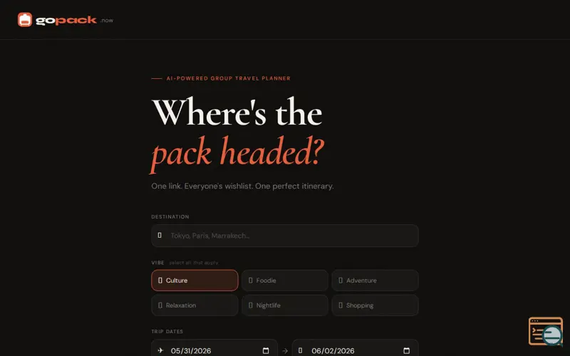 Screenshot of gopack.now 