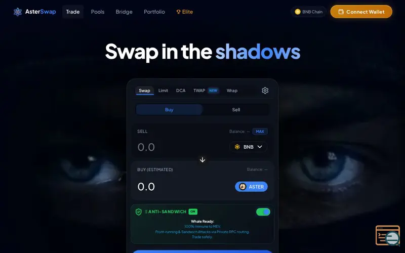 Screenshot of Aster Swap, a launch using ethers.js