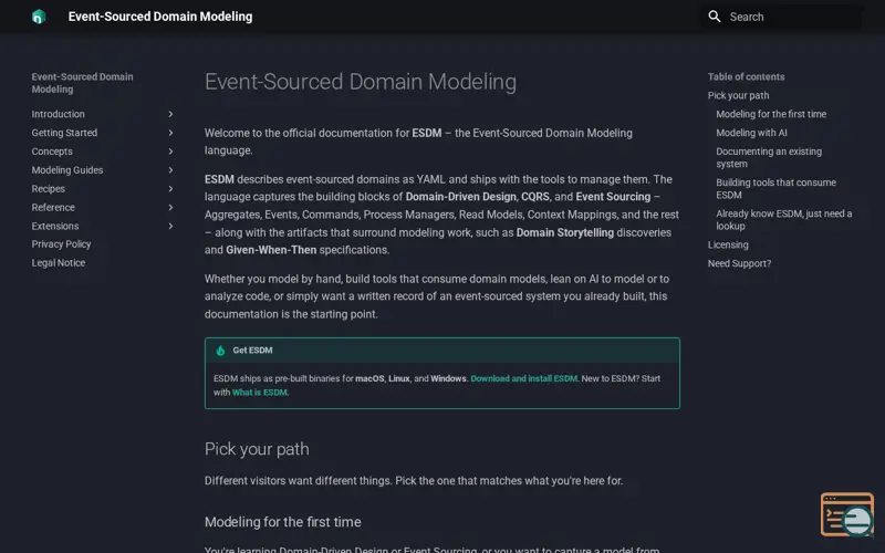 Screenshot of Event-Sourced Domain Modeling, a launch using MkDocs