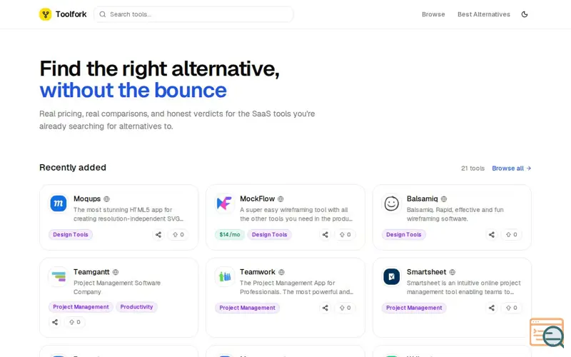 Screenshot of Toolfork — Find the right SaaS alternative, a launch using MediaProNet