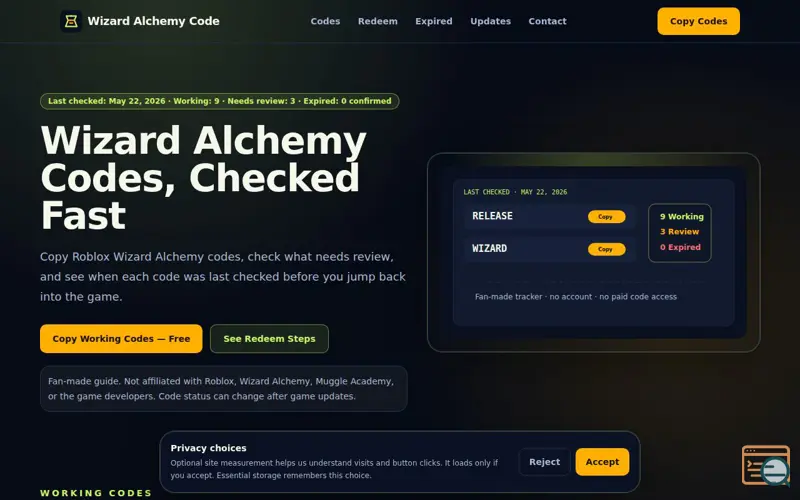 Screenshot of WizardAlchemyCode