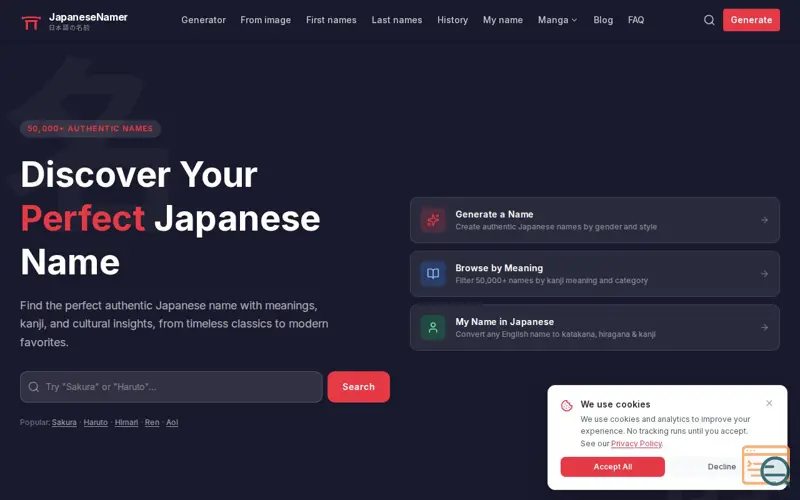 Screenshot of JapaneseNamer.info