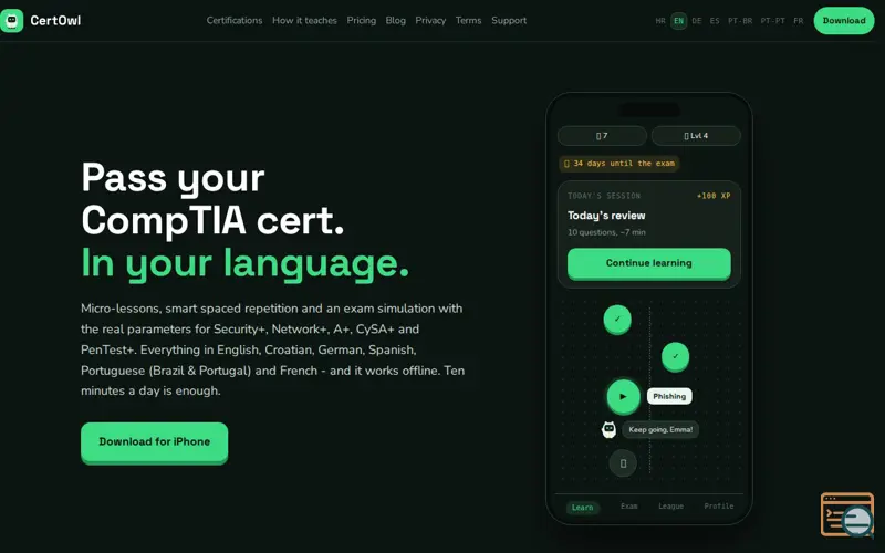 Screenshot of CertOwl – CompTIA priprema na tvom jeziku