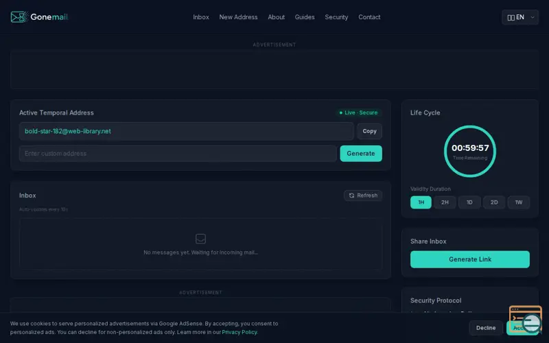 Screenshot of GoneMail — Email Temporaire Gratuit | Disposable Temporary Email