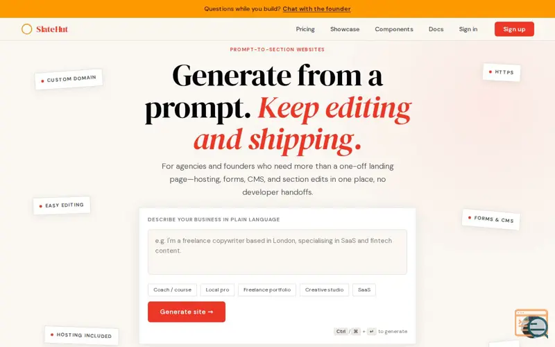 Screenshot of SlateHut.com - AI website builder