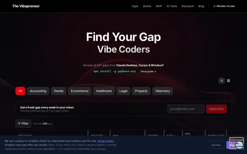 Screenshot of The Gap Database