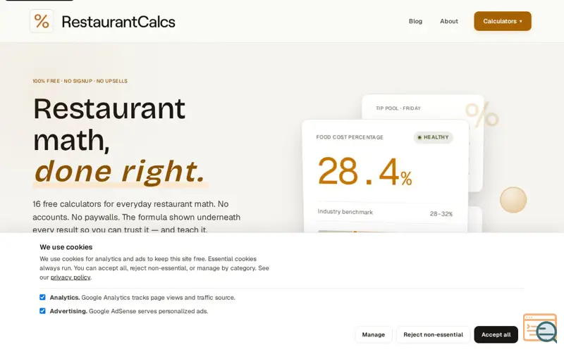 Screenshot of RestaurantCalcs