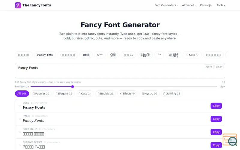 Screenshot of Fancy Font Generator: 160+ Fancy Fonts to Copy and Paste, a launch using JustSimple Tools
