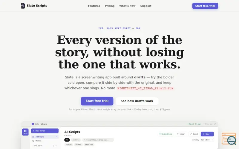 Screenshot of Slate Scripts — screenwriting Git style