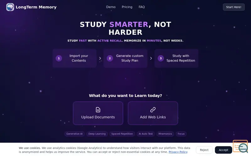 Screenshot of LongTerMemory | AI study platform, a launch using Aruba DNS
