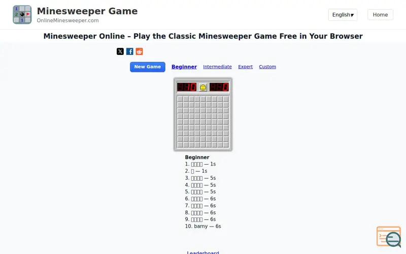 Screenshot of Minesweeper game - onlineminesweeper.com