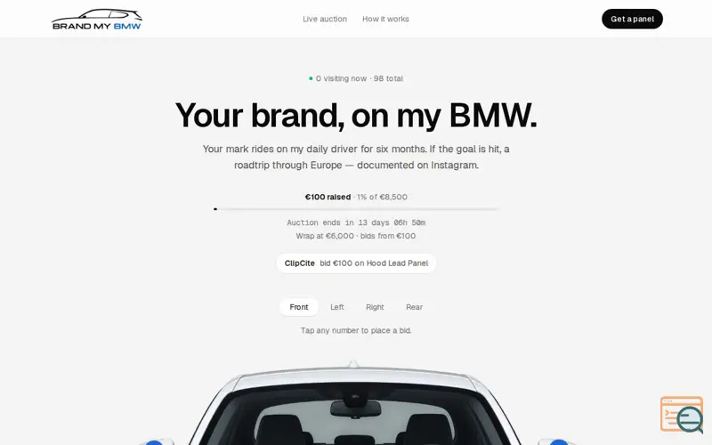 Screenshot of Brand My BMW — The car is blank. When the panels fill, it heads south.